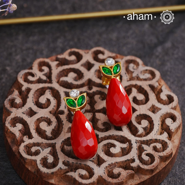 Red Coral Drop with White & Green Kundan set in 92.5 silver with Gold Polish Silver Earrings. Perfect everyday wear earrings.