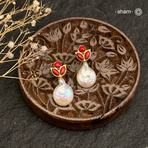 Handcrafted 92.5 sterling gold polish silver Earrings with mother of pearl drop and coral leaf. Perfect for special occasions and festivities.