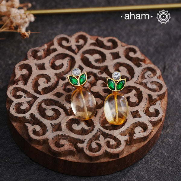 Citrine Bead With Green White Kundan Gold Polish Silver Earrings crafted in 92.5 silver with gold polish. Perfect for work wear and they also make great gifts