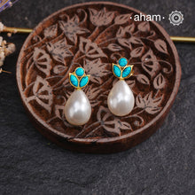 Turquoise Pearl Drop Gold Polish Silver Earrings.