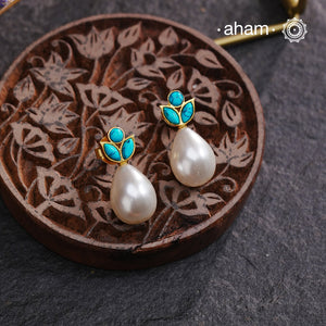 Turquoise Pearl Drop Gold Polish Silver Earrings.