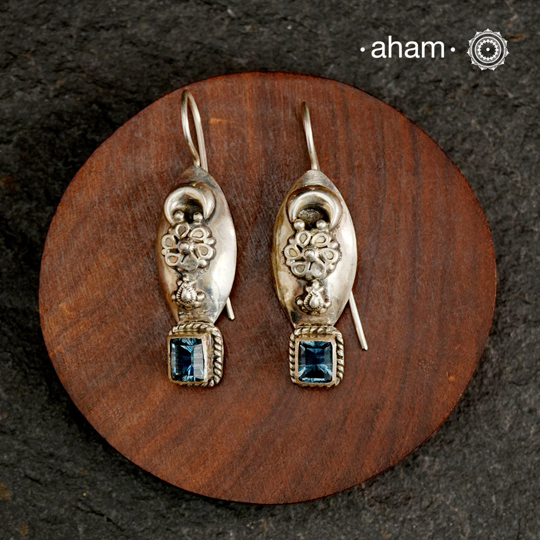Handcrafted 92.5 sterling silver Ira drop earrings with aqua blue stone drop. Fun, easy going earrings to wear to work or relaxed day out