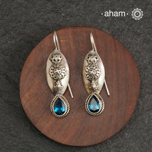 Handcrafted 92.5 sterling silver Ira drop earrings with blue galss drop. Perfect for special occasions and festivities.