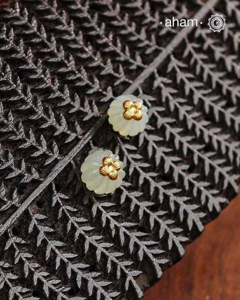 Melon Cut Aventurine Gold Polish Silver Earrings