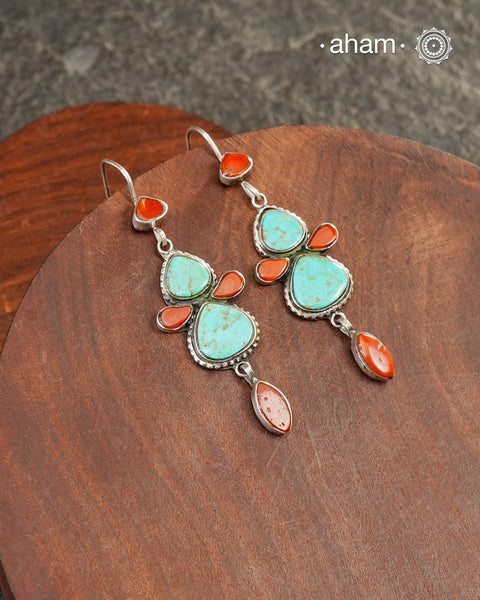 Himalayan Turquoise and Coral Silver Earrings