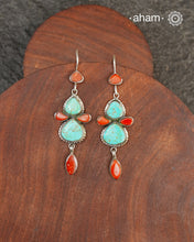 Himalayan Turquoise and Coral Silver Earrings
