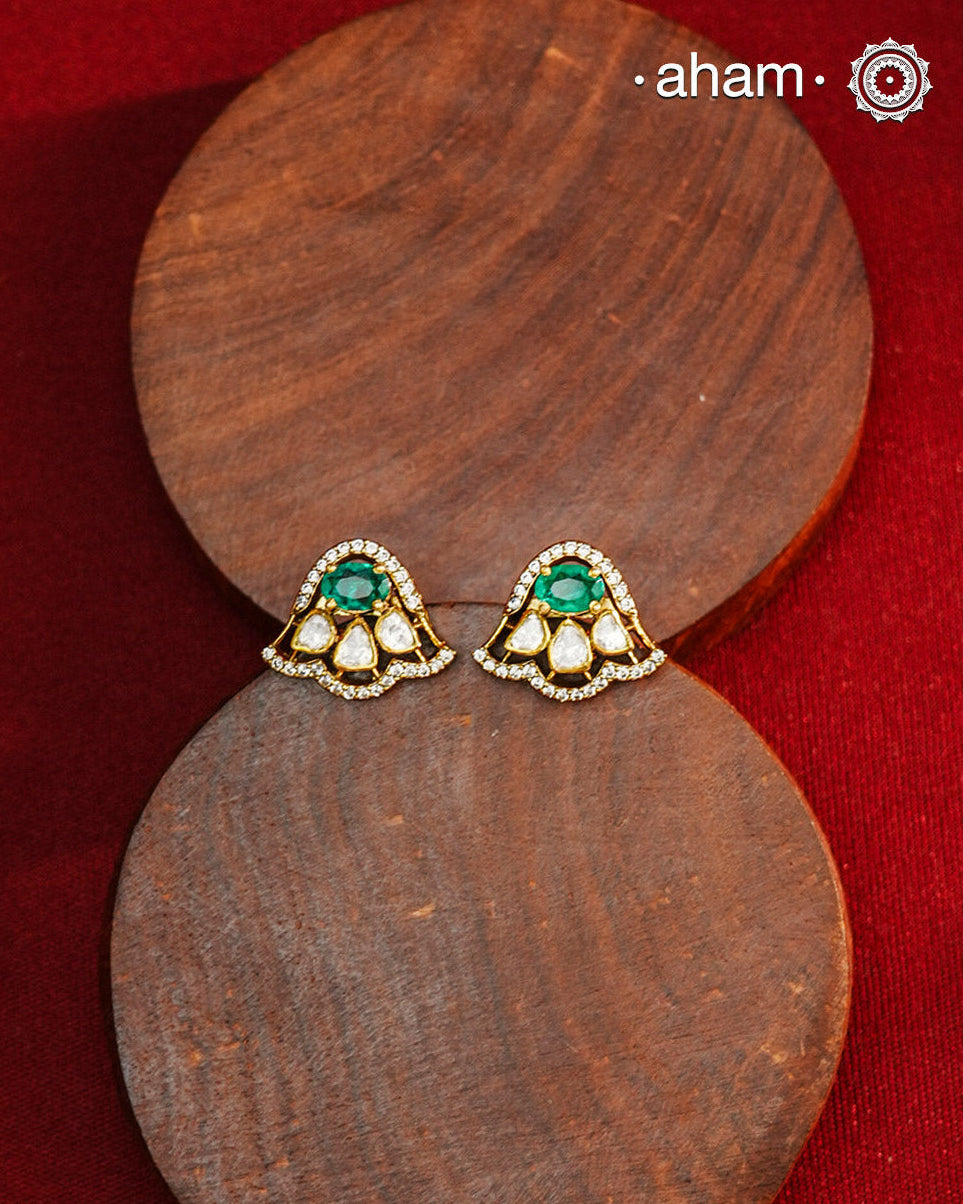 These expertly crafted studs feature 92.5% sterling silver with a refined gold polish finish, elegantly set with brilliant moissanite stones. Designed to offer lasting shine and sophistication making them a perfect choice for both everyday wear and special occasions.