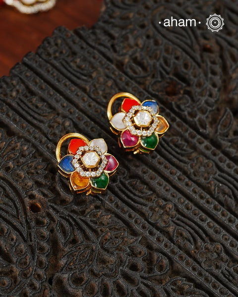 Moissanite Navratna Gold Polish Silver Studs