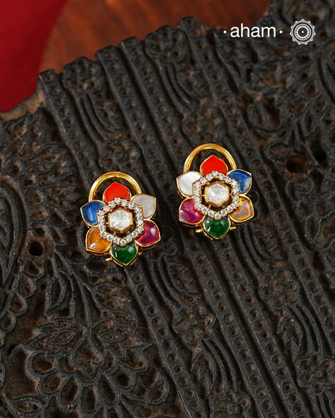 Moissanite Navratna Gold Polish Silver Studs
