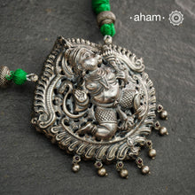 Statement Hanumanji Pendant in 92.5 sterling silver with cotton adjustable thread. Intricate Nakshi/ Naksahi work 3 d Idols, inspired from South Indian temple work. Created using Repoussé and chasing technique