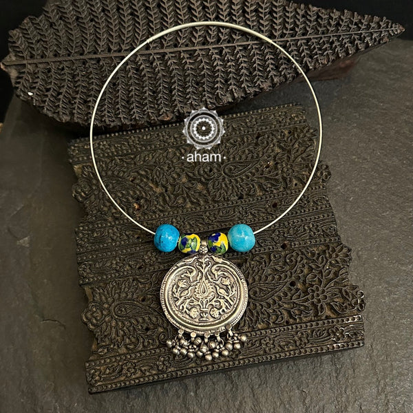 Everyday Wear Silver Chitai Pendant in 92.5 silver and Jaipur Blue Pottery Beads in Wire Hasli.  Easy to wear, looks great with Indian and Western outfits.  The Hasli is easily removable and can be used with any other pendant as well. 