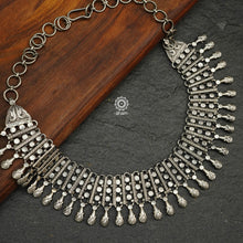 Mewad Silver Neckpiece crafted in 92.5 silver. With beautiful repetitive patterns and ghunroos. 