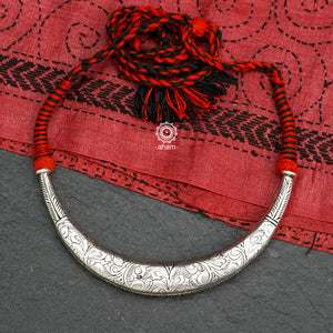 Handmade Chitai work 92.5 Sterling silver hasli; Can be worn both ways and comes with adjustable thread for ease of wearing. A bestseller and a classic piece that has stood the test of time and is bound to become a family heirloom.;