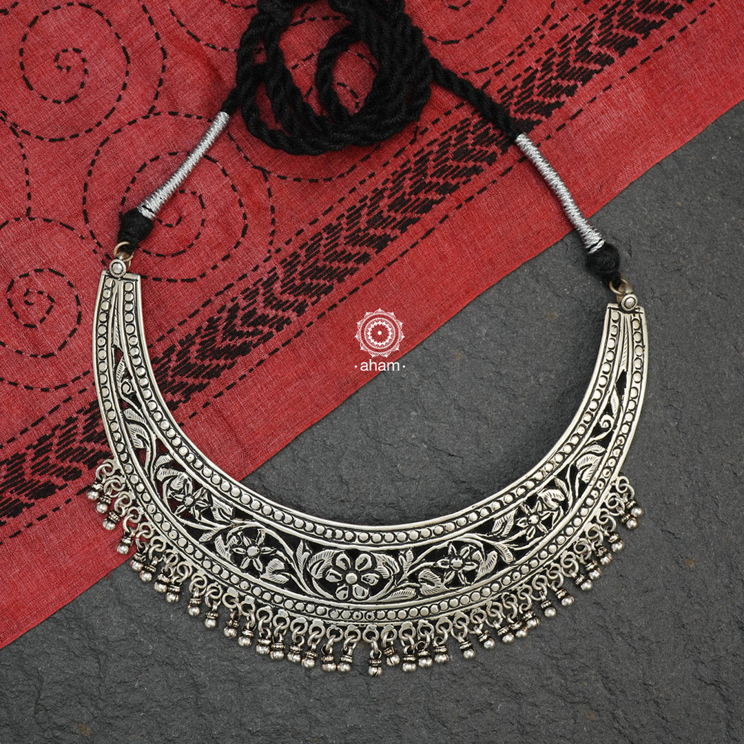92.5 Sterling Silver neckpiece with Rajasthani Chitai Work. Team it up with a formal Shirt or Sari.  Looks equally striking with both.