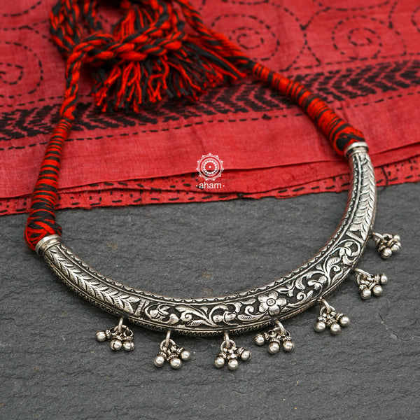 Handmade Chitai work 92.5 Sterling silver hasli; Can be worn both ways and comes with adjustable thread for ease of wearing. A bestseller and a classic piece that has stood the test of time and is bound to become a family heirloom.;
