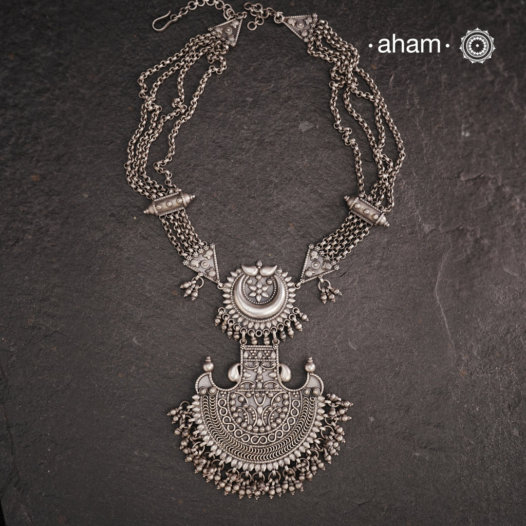 Handcrafted 92.5 sterling silver neckpiece. Wear this beautiful long necklace with your Indian or Western wear, looks equally gorgeous. 