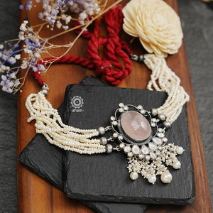 Festive Rose Quartz Silver Choker