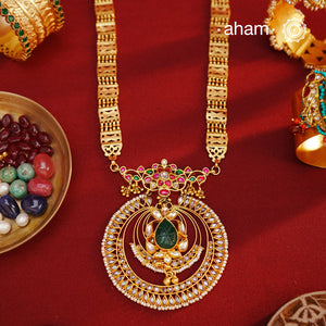 Make a sophisticated style statement this festive season.Crafted using traditional techniques in 92.5 silver with gold polish, kundan and zircon setting, semi precious stones and cultured pearls. Perfect for intimate weddings and upcoming festive celebrations.