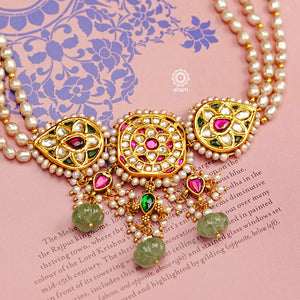 This beautiful handcrafted gold polish sterling silver choker is a perfect choice for special occasions. Featuring a Moghul inspired semi-precious gem setting with Kundan and pearl work, its intricate details make it a memorable piece of jewellery. Ideal for festive occasions, it is sure to be an eye-catcher.
