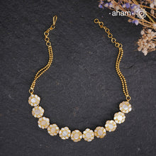 Embrace the allure of timeless elegance with Aham Jewellery’s latest Mother of Pearl collection, a radiant choice for festive celebrations and weddings.

The Neckpiece is crafted in 92.5 silver and adorned with a luxurious gold polish, capturing the iridescent beauty of mother of pearl. You can wear this versatile piece like a choker or a around the neck piece and even as a mathapati.