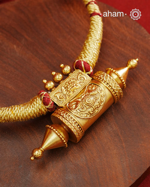 Classic gold polish amulet neckpiece. Handcrafted using traditional techniques in 92.5 sterling silver and dipped in fine gold. Perfect for intimate weddings and upcoming festive celebrations. 