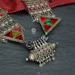 Tribal Silver Rani Har. Typical to Jaisalmer and Barmer area of Rajasthan India These beautiful vintage pieces carry a slice of history with them.  They are made by skilled artisans and involve various hand technique such as soldering, hammering, casting, stamping, dapping and glass setting. 