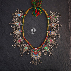 Tribal Silver Glass Neckpiece from Saharanpur, Uttar Pradesh. 
This gorgeous piece has multiple glass pieces strung together on a cotton thread. 
