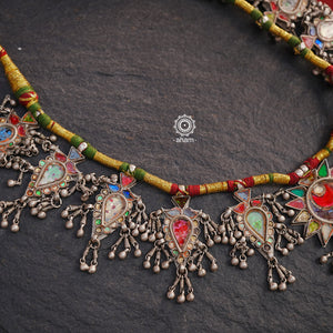 Tribal Silver Glass Neckpiece from Saharanpur, Uttar Pradesh. 
This gorgeous piece has multiple glass pieces strung together on a cotton thread. 
