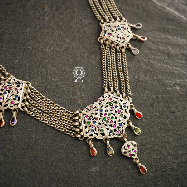 Experience the cultural elegance with our Vintage Tribal Silver Neckpiece. Adorned with intricate chilai work, it boasts a stunning vintage design. Made for those who appreciate traditional craftsmanship, this neckpiece adds a touch of sophisticated charm to any outfit. Embrace the heritage and elevate your style.