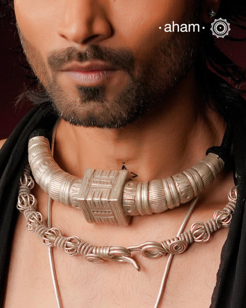 Handcrafted tribal silver Hasli with adjustable cotton thread. Crafted by skilled artisans from Kutch
