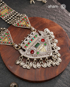 Tribal Silver Jaisalmeri Rani Har.
These beautiful vintage pieces carry a slice of history with them.&nbsp;
They are made by skilled artisans and involve various hand technique such as soldering, hammering, casting, stamping, dapping and stone setting.