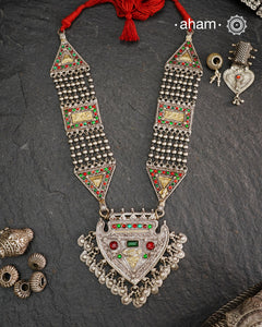 Tribal Silver Jaisalmeri Rani Har.
These beautiful vintage pieces carry a slice of history with them.&nbsp;
They are made by skilled artisans and involve various hand technique such as soldering, hammering, casting, stamping, dapping and stone setting.