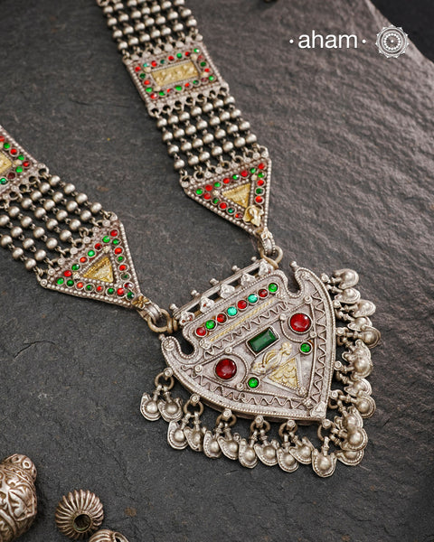 Tribal Silver Jaisalmeri Rani Har.
These beautiful vintage pieces carry a slice of history with them.&nbsp;
They are made by skilled artisans and involve various hand technique such as soldering, hammering, casting, stamping, dapping and stone setting.