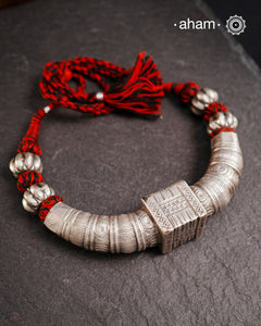 Handcrafted tribal silver Hasli with adjustable cotton thread.Crafted by skilled artisans from kutch