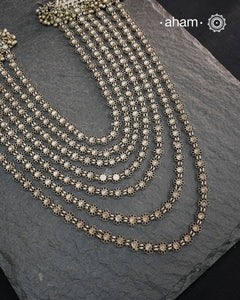 This Tribal Multi Line Silver Neckpiece is a magnificent classic Rani haar featuring seven intricately crafted lines, known as Satlada. It is adorned with a delicate floral pattern and accented by two prominent triangular motifs at each end. This vintage design exudes timeless elegance and cultural richness, making it a treasured heirloom piece meant to be passed down through generations. A neckpiece truly fit for a queen.
