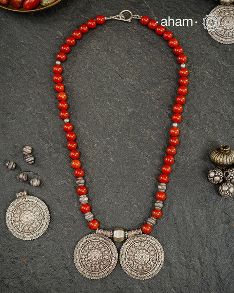 Kashmiri Rosette Red Jasper Silver Neckpiece