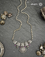 Beautiful 92.5 Sterling Silver handcrafted neckpiece with peacock motif pendant and yali with kemp stone highlights. Crafted by experts in kolhapur.