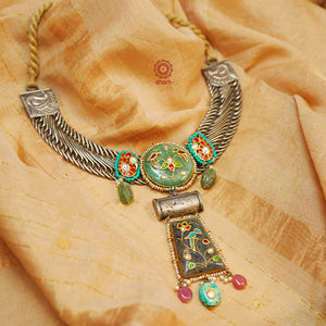 One of a kind statement wearable art pieces. An eclectic mix of elements, with a play of colours, textures, forms and workmanship. Crafted in silver with two tones that makes this neckpiece so versatile and unique. Modern Heirloom pieces that can be worn across generations.