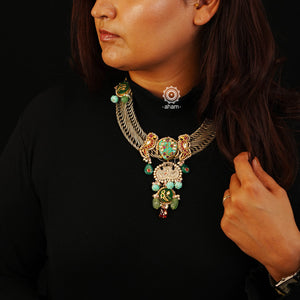 One of a kind statement wearable art neckpiece. An eclectic mix of elements, with a play of colours, textures, forms and workmanship. Crafted in Silver with two tones that make them so versatile and unique. Modern Heirloom pieces that can be worn across generations.