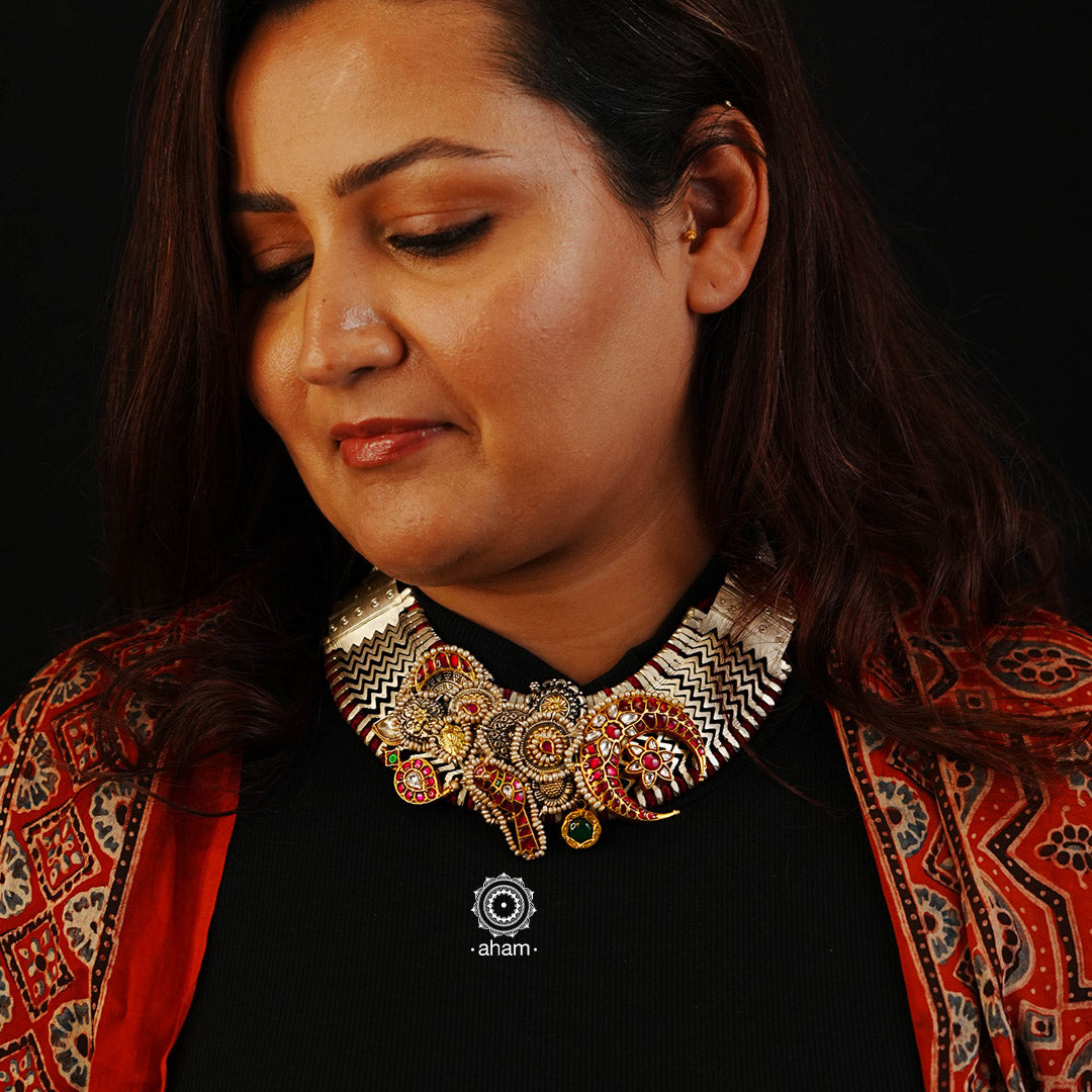 One of a kind statement wearable art pieces. An eclectic mix of elements, with a play of colours, textures, forms and workmanship. Crafted in 92.5 Sterling Silver with dual tones of silver and gold that make them so versatile and unique. Modern Heirloom pieces that can be worn across generations. 