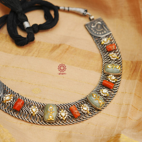 One of a kind statement wearable art neckpiece. An eclectic mix of elements, with a play of colours, textures, forms and workmanship. Crafted in Silver with two tones that make them so versatile and unique. Modern Heirloom pieces that can be worn across generations.