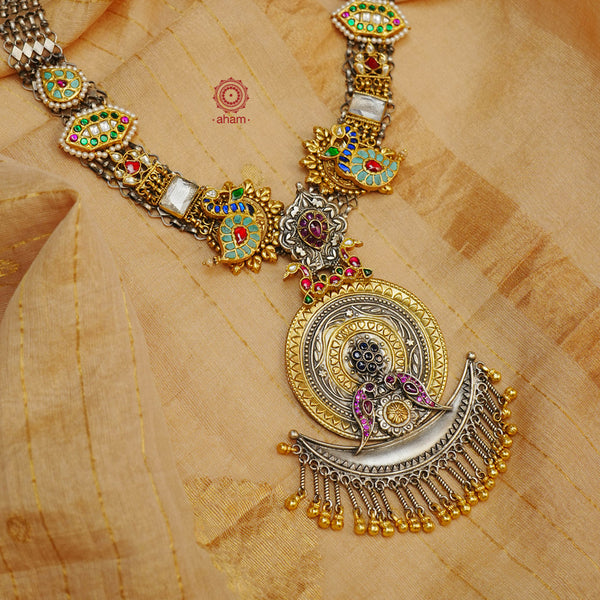 One of a kind statement wearable art piece. An eclectic mix of elements, with a play of colours, textures, forms and workmanship. Crafted in Silver with two tones that makes this neckpiece so versatile and unique. Modern Heirloom pieces that can be worn across generations.