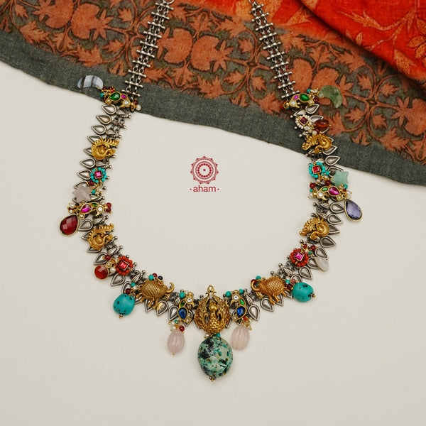 One of a kind statement wearable art pieces. An eclectic mix of elements, with a play of colours, textures, forms and workmanship. Crafted in Silver with two tones that makes this neckpiece so versatile and unique. Modern Heirloom pieces that can be worn across generations. 
