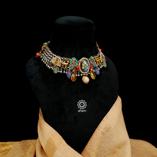 One of a kind statement wearable art pieces. An eclectic mix of elements, with a play of colours, textures, forms and workmanship. Crafted in Silver with two tones that makes this neckpiece so versatile and unique. Modern Heirloom pieces that can be worn across generations.