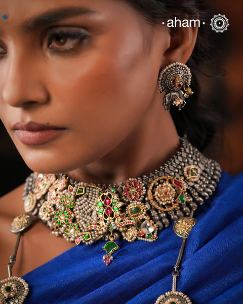One of a kind statement wearable art pieces. An eclectic mix of elements, with a play of colours, textures, forms and workmanship. Crafted in silver with two tones that makes this neckpiece so versatile and unique.  Comes with Intricately detailed pices and kundan highlights, all crafted in 92.5 silver. A modern Heirloom piece that can be worn across generations.