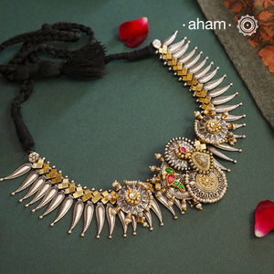 One of a kind statement wearable art pieces. An eclectic mix of elements, with a play of colours, textures, forms and workmanship. Crafted in 92.5 Silver with two tones and kundan highlights makes this neckpiece so versatile and unique.&nbsp; Modern Heirloom pieces that can be worn across generations.