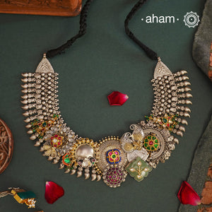 One of a kind statement wearable art pieces. An eclectic mix of elements, with a play of colours, textures, forms and workmanship. Crafted in silver with two tones that makes this neckpiece so versatile and unique.&nbsp; Comes with Intricately detailed pices and kundan highlights, all crafted in 92.5 silver. A modern Heirloom piece that can be worn across generations.