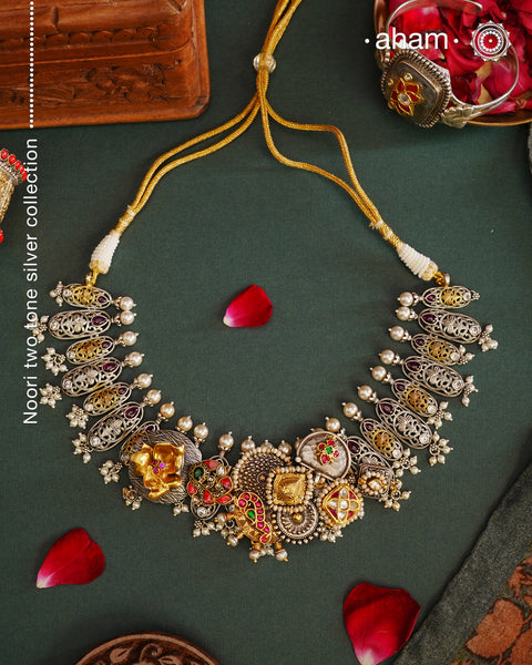 One of a kind statement wearable art pieces. An eclectic mix of elements, with a play of colours, textures, forms and workmanship. Crafted in Silver with two tones and kundan highlights and beautiful cultured pearls that makes this neckpiece so versatile and unique. Modern Heirloom pieces that can be worn across generations.