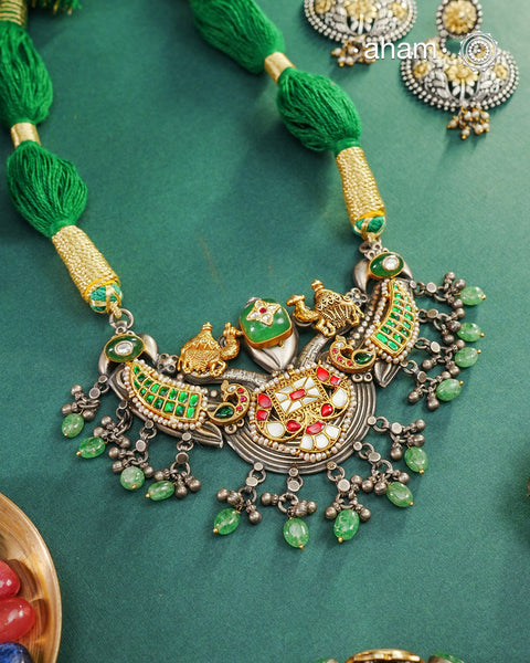 One of a kind statement wearable art pieces.An eclectic mix of elements, with a play of colours, textures, forms and workmanship. Crafted in Silver with two tones and kundan highlights and beautiful cultured pearls that makes this neckpiece so versatile and unique. Modern Heirloom pieces that can be worn across generations.