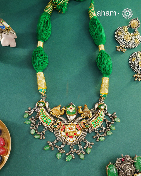 One of a kind statement wearable art pieces.An eclectic mix of elements, with a play of colours, textures, forms and workmanship. Crafted in Silver with two tones and kundan highlights and beautiful cultured pearls that makes this neckpiece so versatile and unique. Modern Heirloom pieces that can be worn across generations.